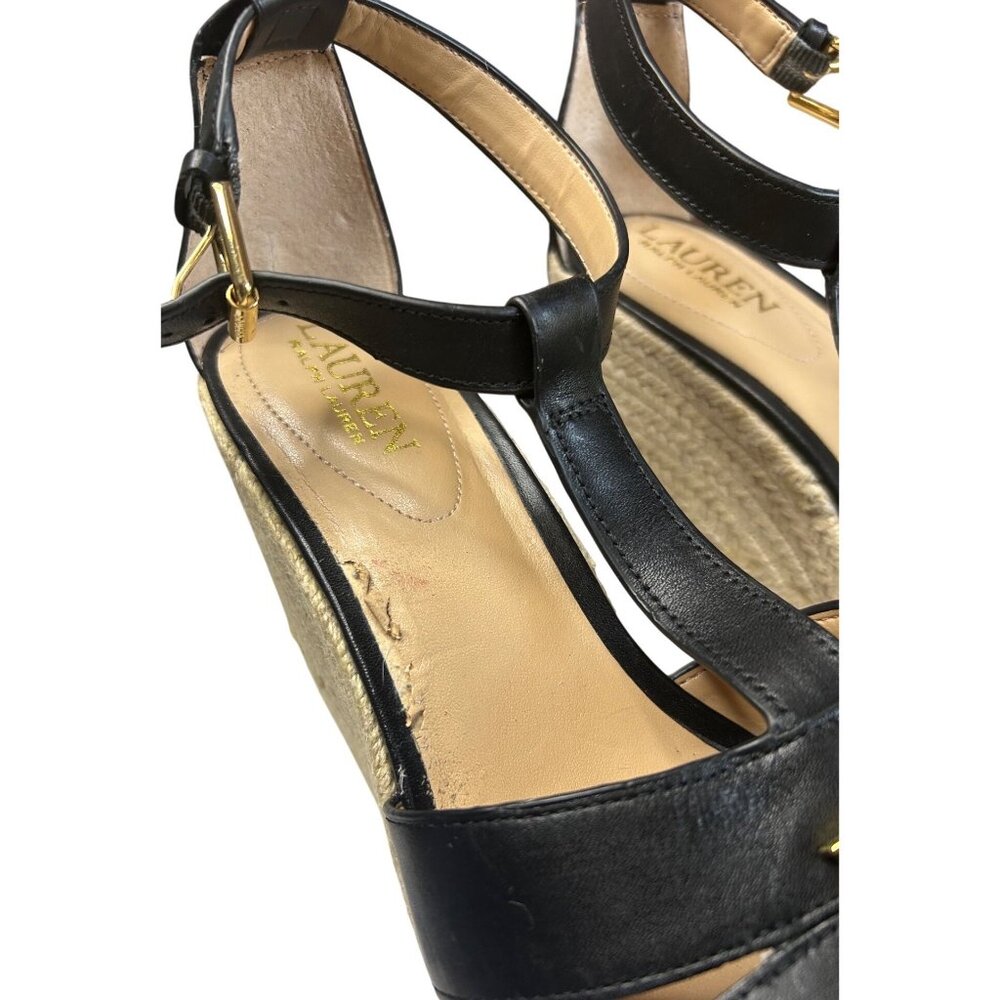 Ralph Lauren Hale Black Leather Espadrille Wedge Sandals Size 8.5 Buckle LRL - Picture 6 of 10